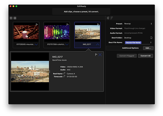 EditReady video transcoder screenshot, thumbnail view shows camera media as still frames and info pane showing additional clip metadata.